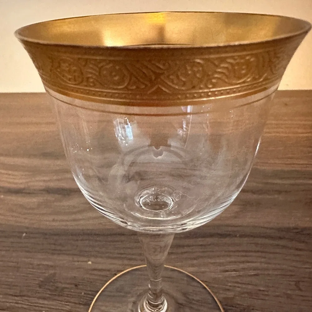 Tiffin Gold Encrusted Crystal Cordial Wine Glasses Set of 9 Scroll Rim MCM Deco